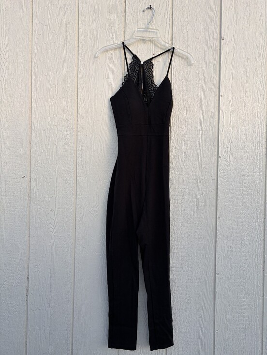 Cherry Mellow Pants - Cherry Mellow Lace-Trim Black Jumpsuit with Spaghetti Straps Women's Size L